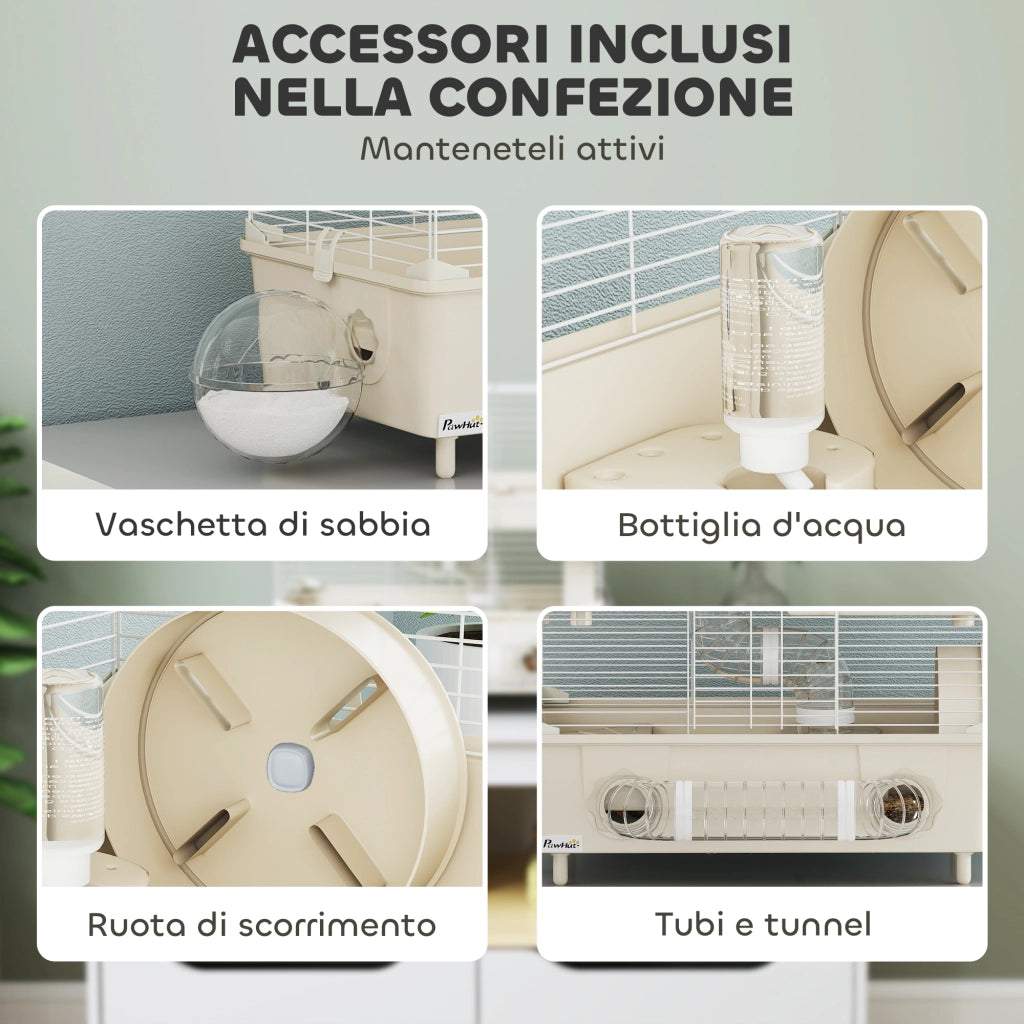 Gabbia per Criceti a 2 Livelli 44,5x28x44 cm 3 Porte Ruota e Tubi in Acciaio e PP Crema e Bianco