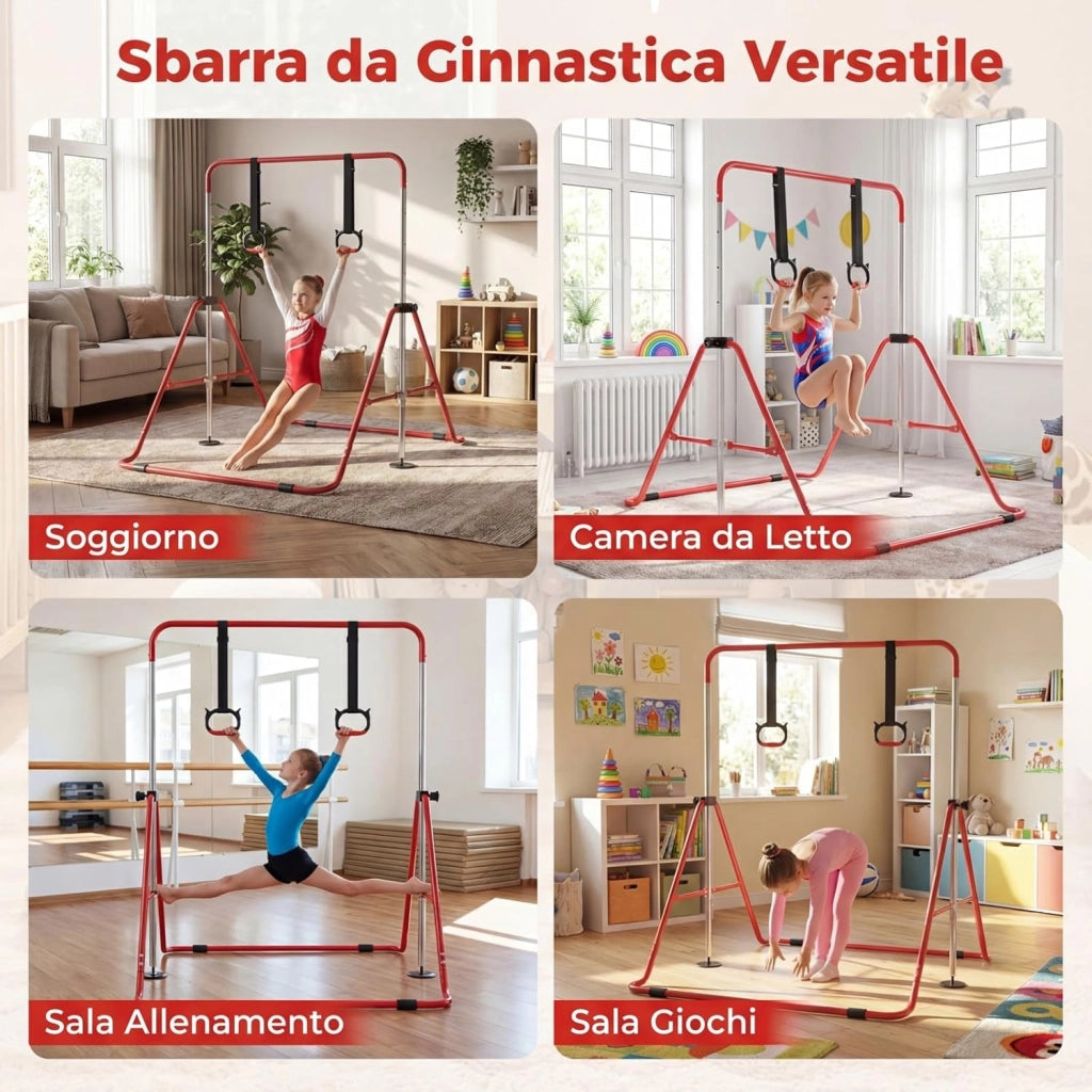 Sbarra Ginnastica Pieghevole per Bambini, Barra Ginnastica per Casa Regolabile a 4 Livelli con Anelli e Cuscinetti Antiscivolo, Attrezzatura Ginnastica per Bambini 3-12 Anni