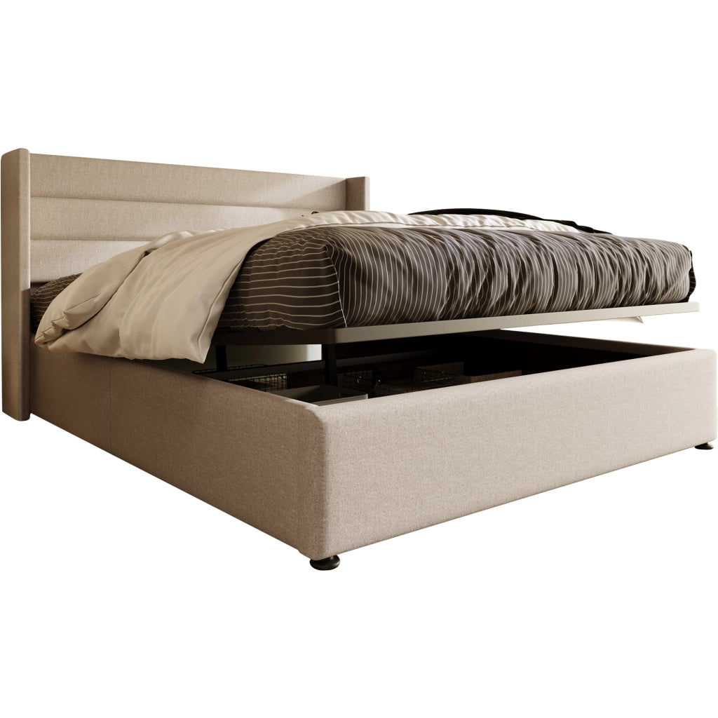 Letti contenitori 160x200 cm; idraulico con testiera imbottita; lino; beige (Senza materasso)