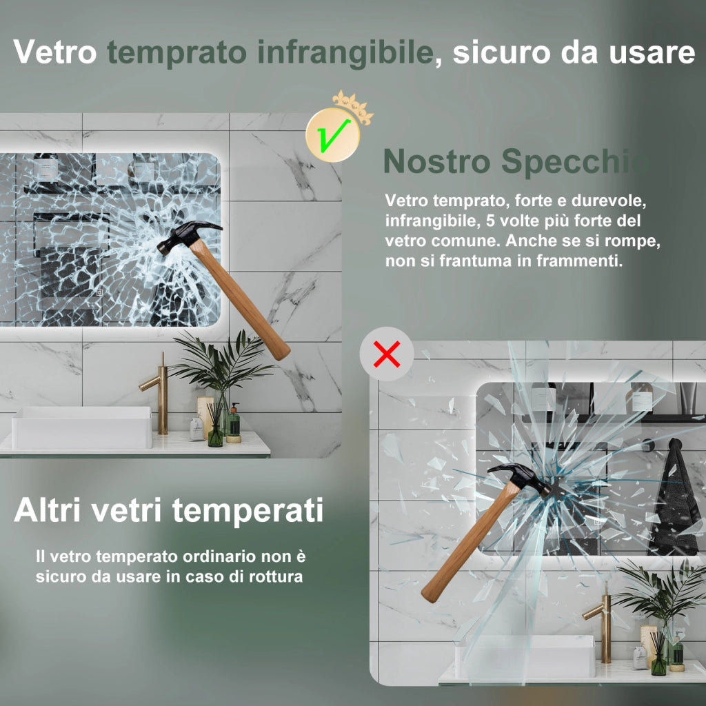 AICA Specchio da bagno 50 x 70 cm, dimmerabile, interruttore touch, Funzione Memoria
