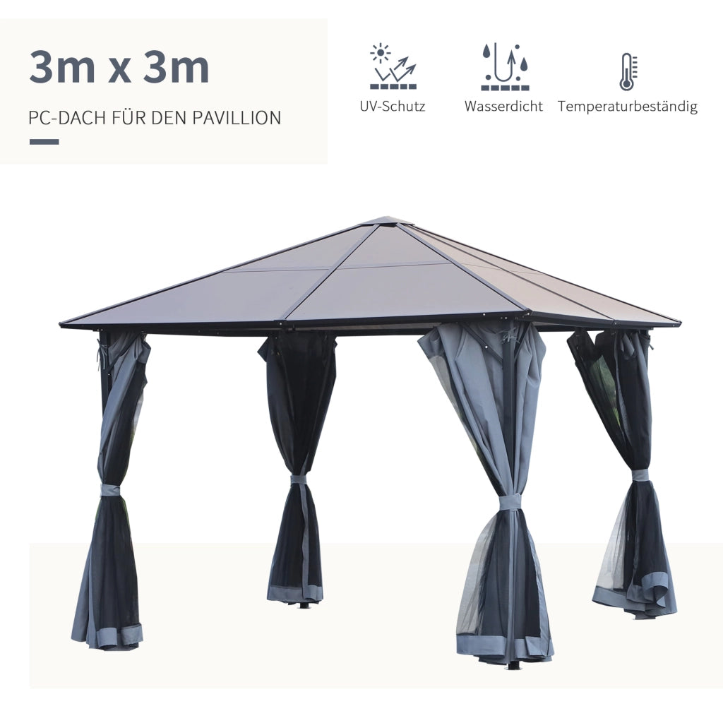 Gazebo da Giardino 3x3m ¨C Xylo ¨C Tetto Policarbonato, Tende Zanzariera, Alluminio Grigio Scuro