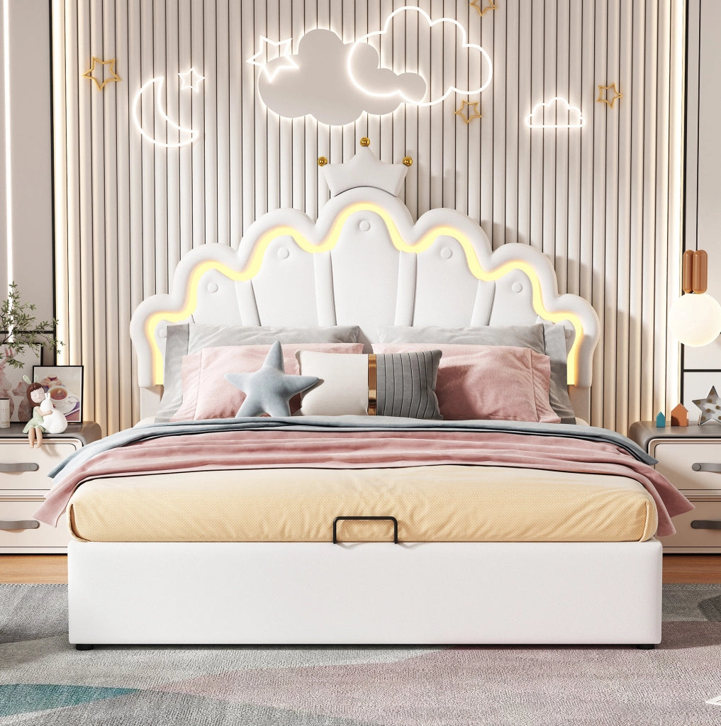 Letto imbottito 140x200 cm con LED e contenitore; PU; bianco