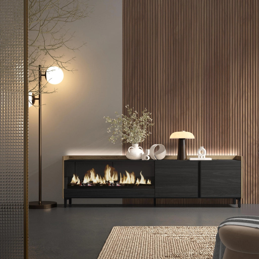 Mobile TV Soggiorno, 212x61x35 cm, Per TV fino a 80", Camino elettrico XXL, Design industriale, LED, Nero e rovere