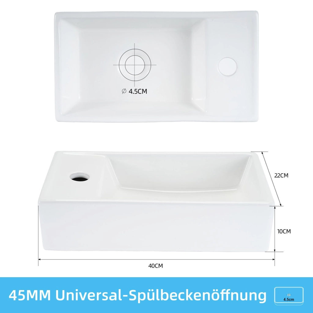 ZMH Lavabo da appoggio rettangolare in ceramica 40x22x10cm bianco lucido
