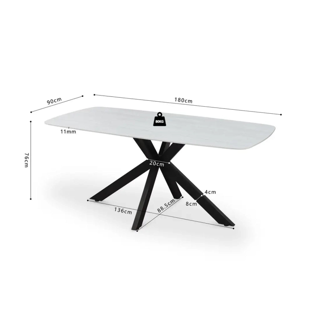 ARVENA 180x90 cm - Colore pietra grigia - Tavolo da pranzo design - Piano effetto pietra e metallo