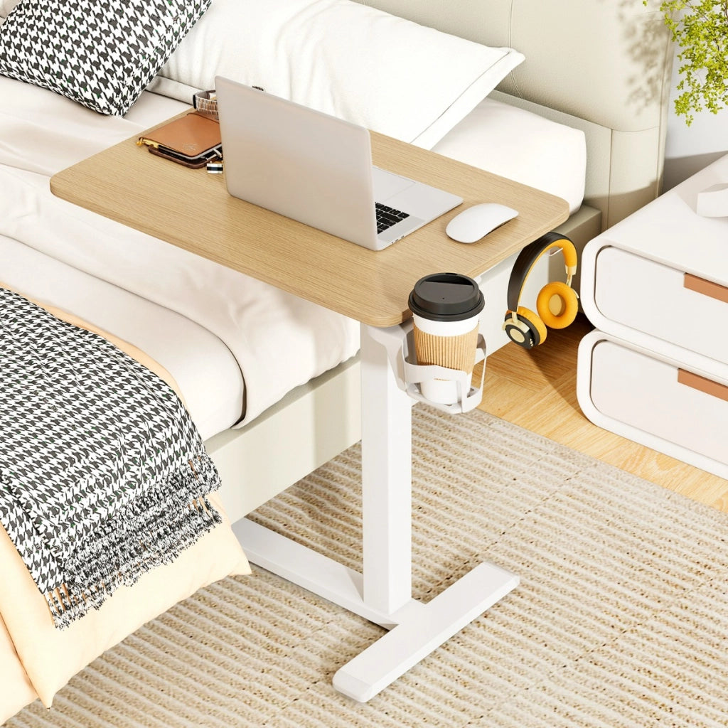 Tavolo laterale da letto regolabile in altezza con portabicchieri-Scrivania pneumatica per laptop con ruote nascoste Naturale