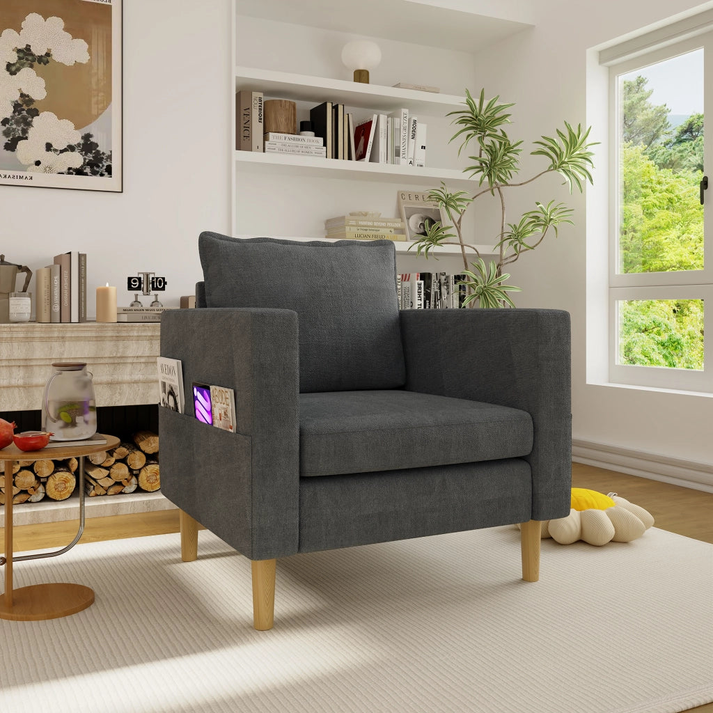 poltrona con tasca laterale e cuscino schienale design nordico in ciniglia grigio 71 Ã— 68 Ã— 82 cm