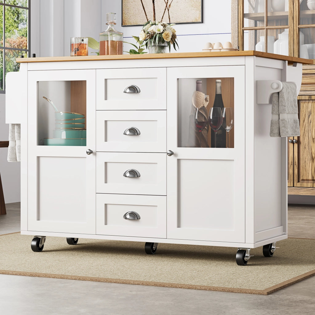 ISOLA DA CUCINA 137,9x73x92,5 cm Bianca con 4 cassetti e ruote