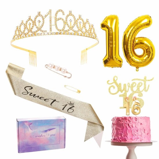 Decorazioni per il 16° compleanno di ragazza - Fiocco, tiara, corona, topper per torta, nastro con il numero 16, palloncini, candele - articoli per feste e regali