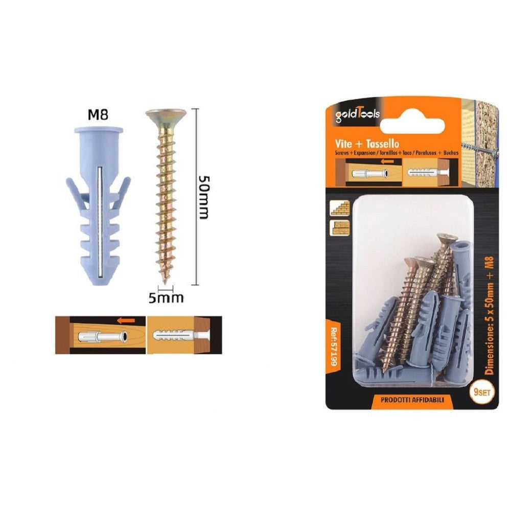 Trade Shop - Set 9 Pezzi Viti Vite 5 X 50 Mm + Tasselli Con Alette Tassello M8 Fischer 57199 -