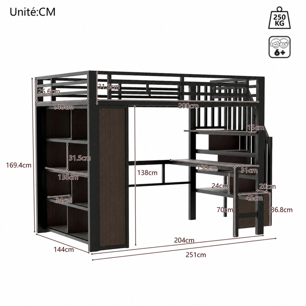 LETTO a soppalco 140x200 cm in metallo nero con scrivania e LED
