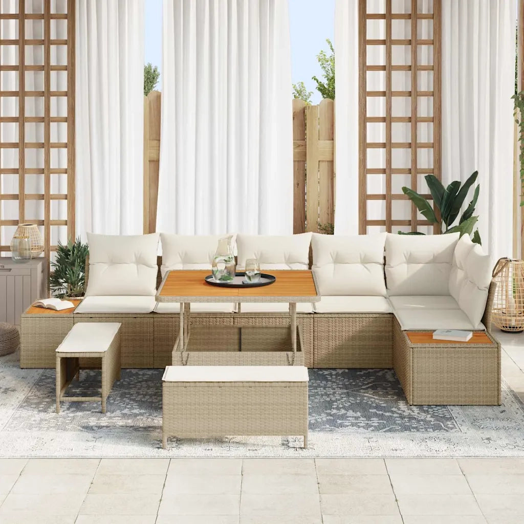 Set Divano da Giardino con cuscino 9 pcs Beige Poly Rattan