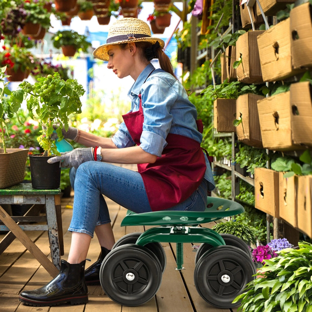 Carrello da giardino con seduta girevole a 360¡ã e altezza regolabile, Carrello da lavoro a 4 ruote Verde-Attrezzi da giardino