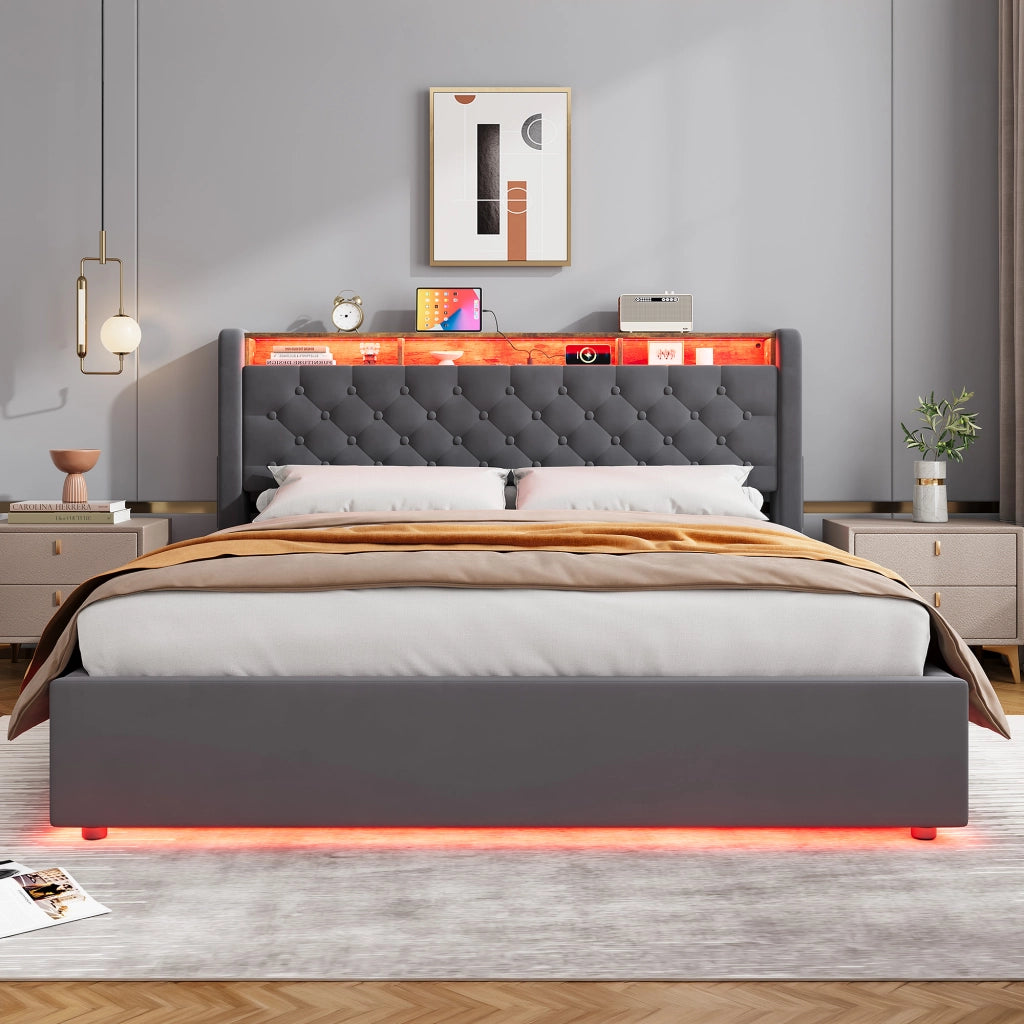 Letto imbottito matrimoniale 160 × 200 cm con contenitore e testiera contenitore in velluto grigio scuro