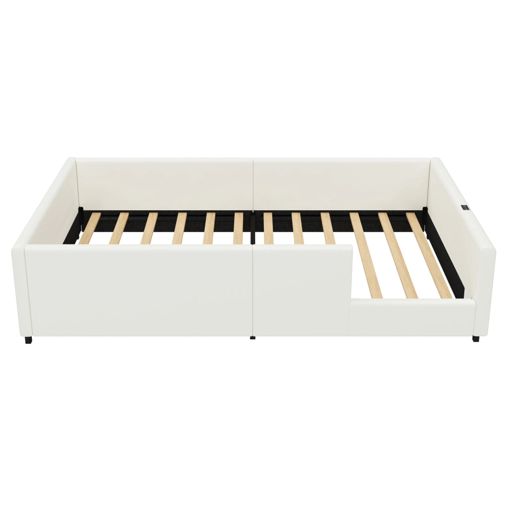 Letto singolo imbottito 90×200 cm con barriera di sicurezza, porte USB e USB-C, senza materasso, bianco