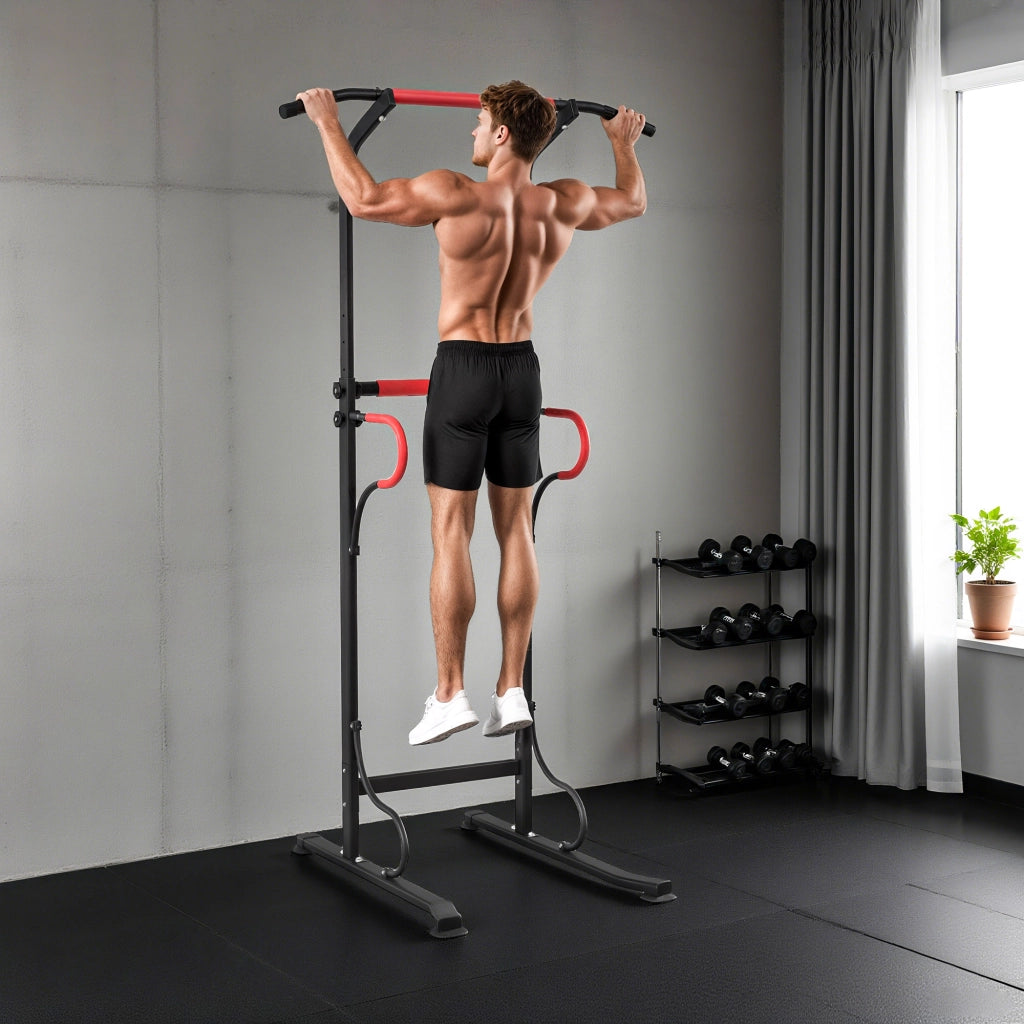 Power Tower Stazione Fitness Multifunzione ¨C zephmum ¨C Nero Rosso, Altezza Regolabile 171-219cm