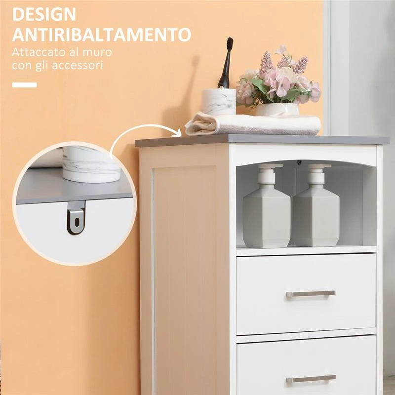 MOBILETTO BAGNO CON SCAFFALE APERTO E 3 CASSETTI IN MDF, 40X33X80CM, BIANCO