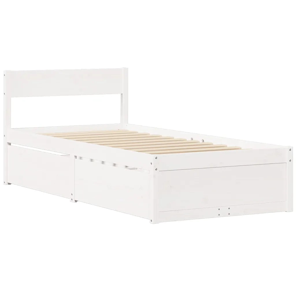 Letto Cassetti e Materasso Bianco 90x200 cm Legno Massello Pino