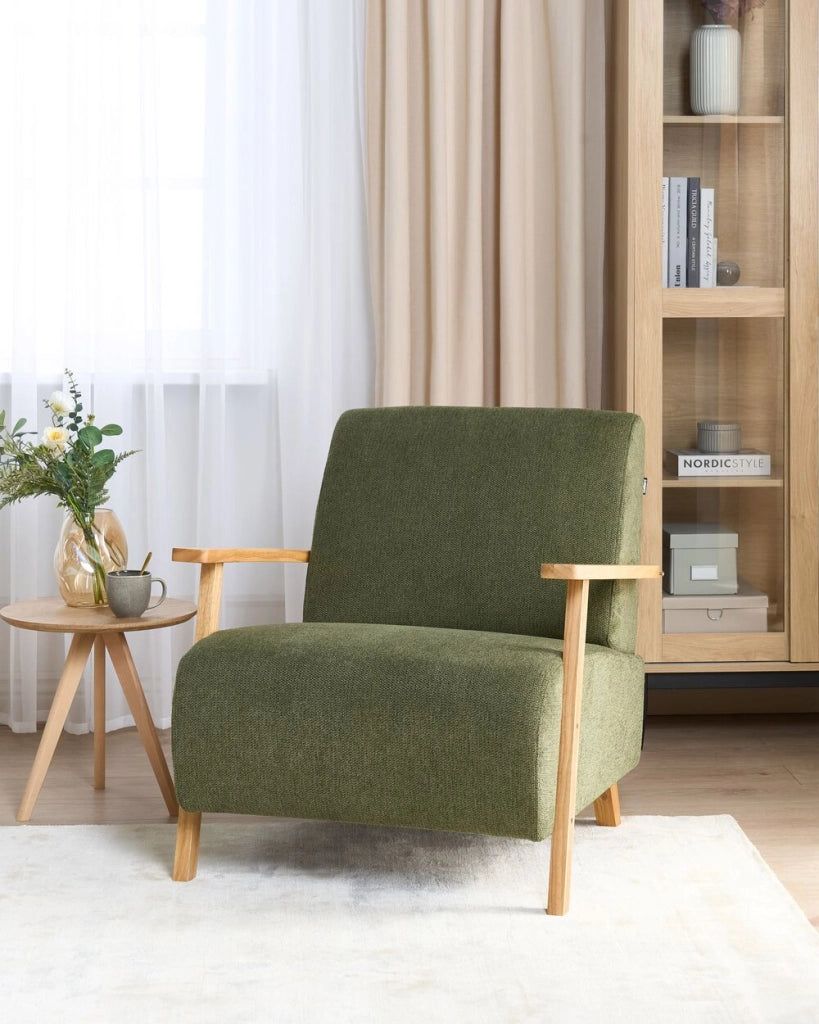 Poltrona Verde Tessuto Gambe in legno con braccioli Soggiorno moderno minimalista