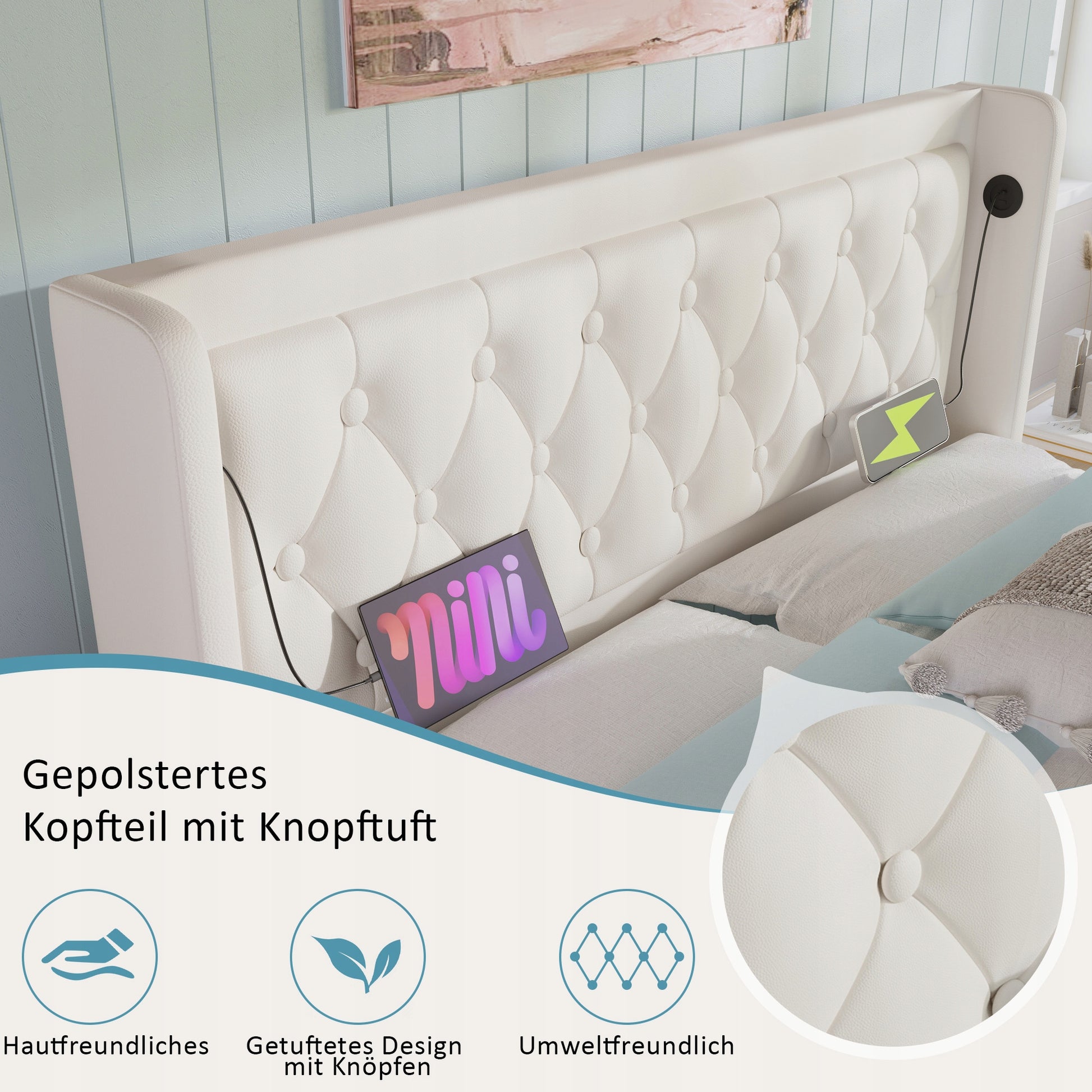 Letto imbottito 180x200 bianco - Xylo - Base idraulica LED USB-C