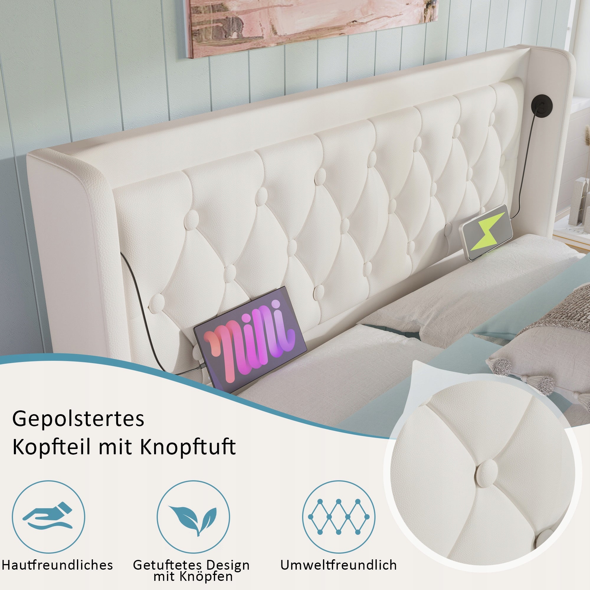 Letto imbottito 180x200 bianco - Xylo - Base idraulica LED USB-C