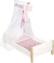 Culla per bambola - Bianca verniciata - Incluso lenzuolo e tenda rosa - Serie di arredamento per bambole "Scarlet" - Accessori per bambole