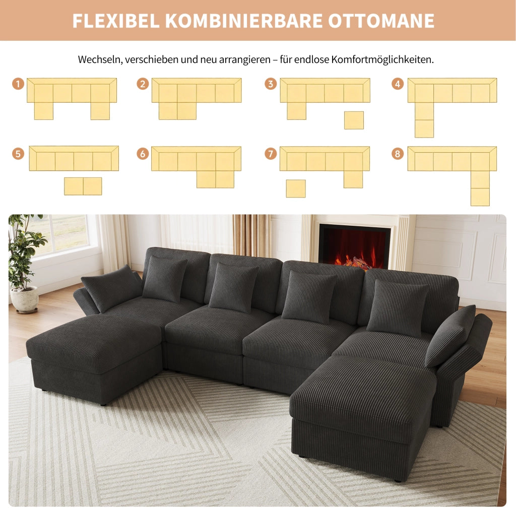 Divano modulare a U con braccioli regolabili e poggiatesta, due pouf scorrevoli in velluto a coste grigio 290 × 159,5 × 89 cm