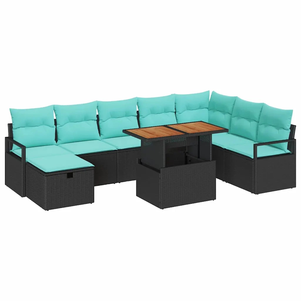Set Divano da Giardino con cuscino 9 pcs Nero polyrattan