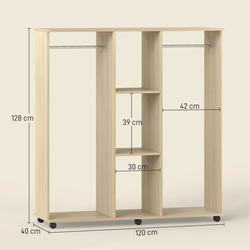 Armadio Guardaroba a Rotelle con 2 Barre e 3 Ripiani Aperti ¨C zephmum ¨C Legno e Alluminio 120x40x128 cm