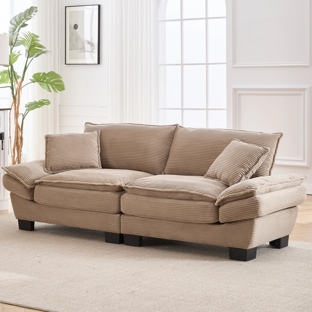 Divano 2 posti in corduroy khaki con braccioli e cuscini; 224x81x81 cm