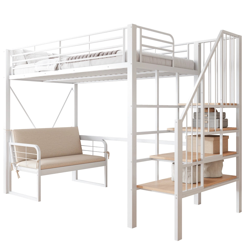 Letto a castello 90x200 cm in metallo e MDF bianco con divano imbottito; scala contenitore