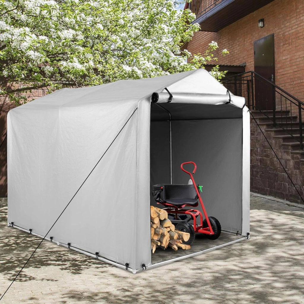 Capanno da Giardino 218 X 160 X 164 CM, Tenda Garage per Bici Moto Attrezzi, con Copertura en PE Impermeabile, Porta con Cerniera, Telaio in Metallo, Picchetti, per Esterno (Grigio Chiaro)