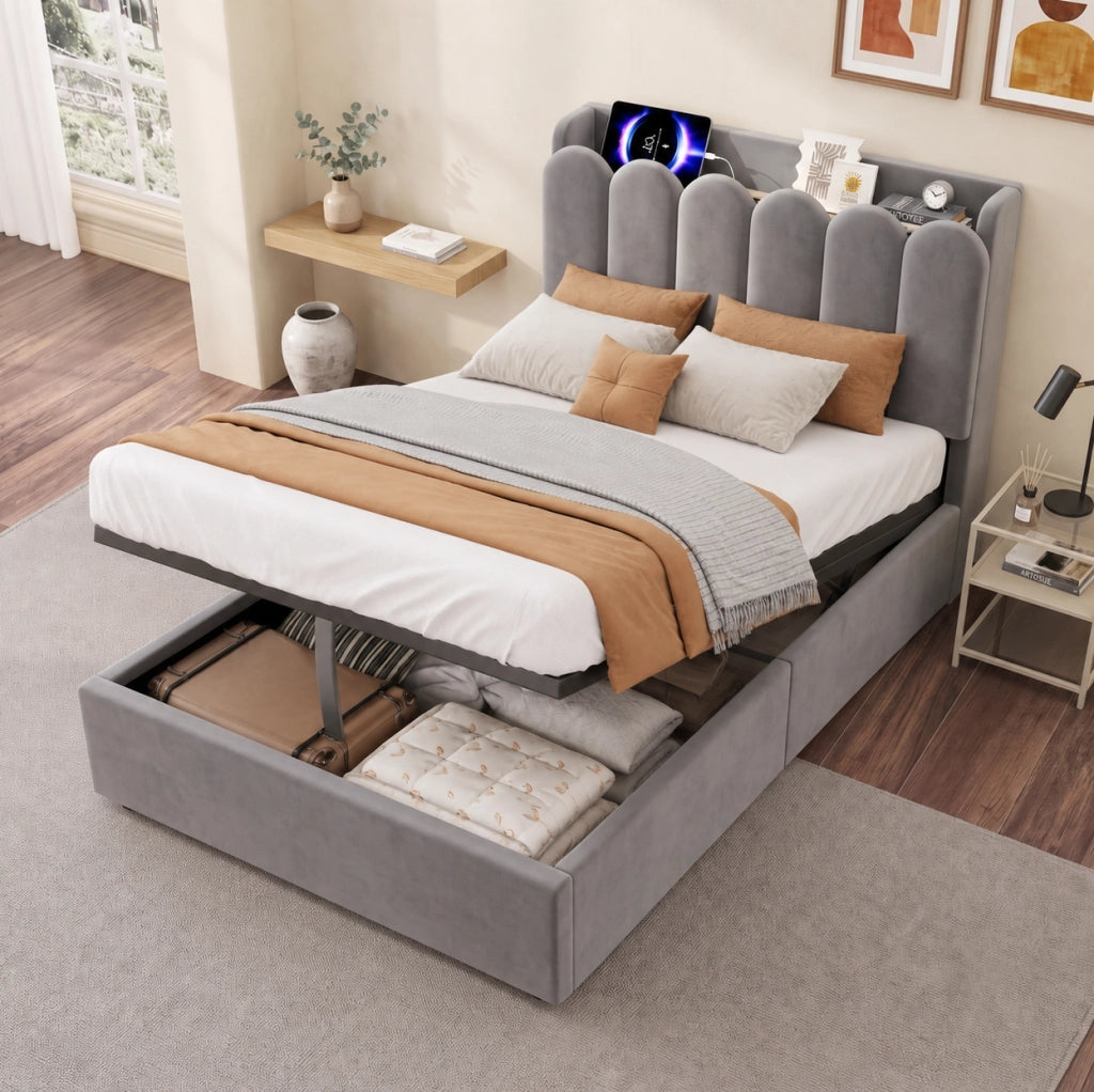 Letto singolo per bambini 90x200 cm in velluto grigio con contenitore; USB; Type-C e luce