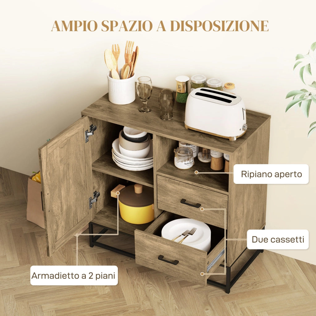 Credenza Mobile Basso Multiuso Armadietto Cassetti e Vani a Giorno  80x40x78 cm in Legno e Acciaio Marrone