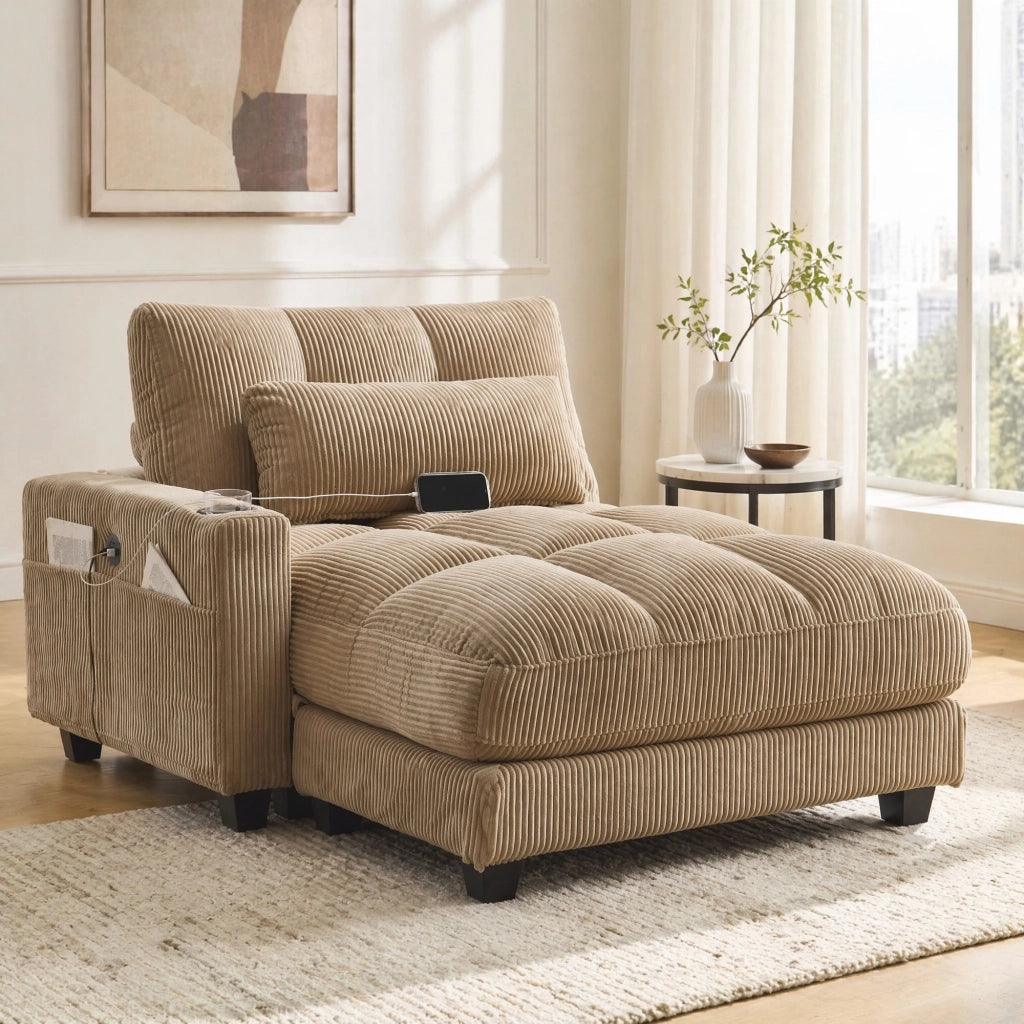 SESSEL Lounge 140x112x81 cm Tessuto Corduroy Khaki con 3 portabicchieri