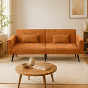Divano letto futon pieghevole con struttura in legno e piedi in metallo in tessuto a coste arancione per salotto e studio
