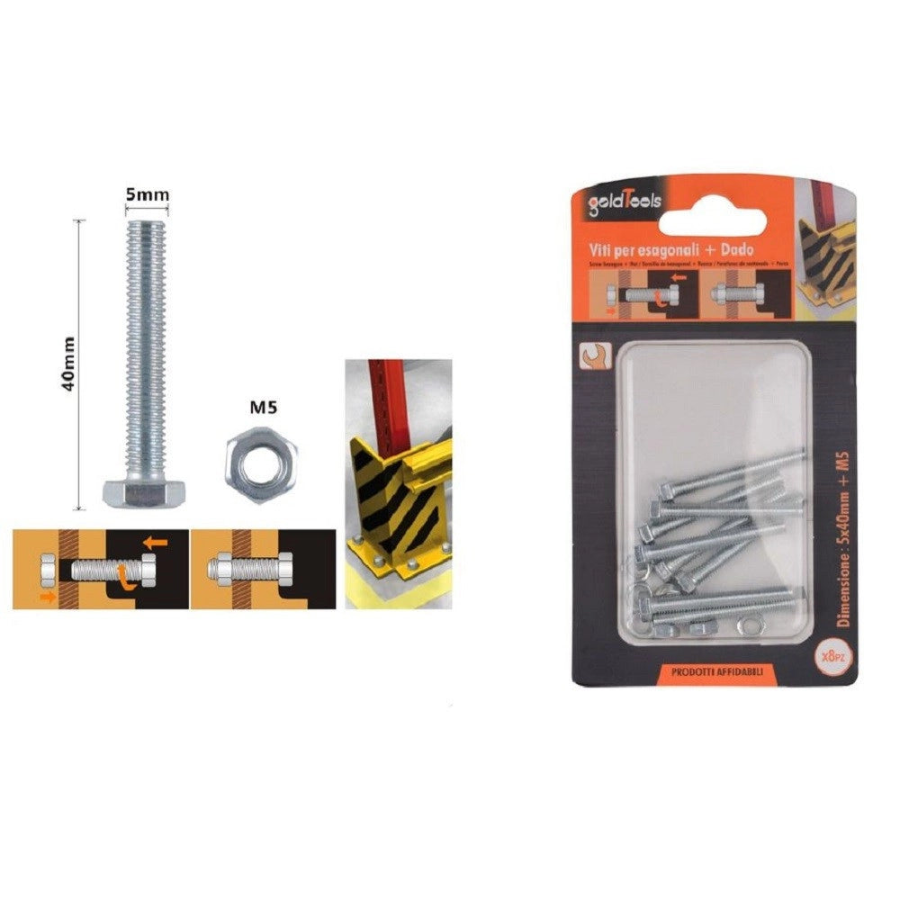 Trade Shop - Set 8pz Vite Viti Per Esterno A Testa Esagonali 5 X 40 Mm Con Dadi Dado M5 90912 -