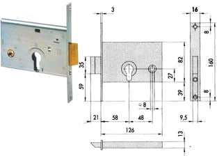 SERRATURA DA INFILARE PER FASCE CATENACCIO E SCROCCO MM.82 H 44145  mm.58 (44145600)    CISA