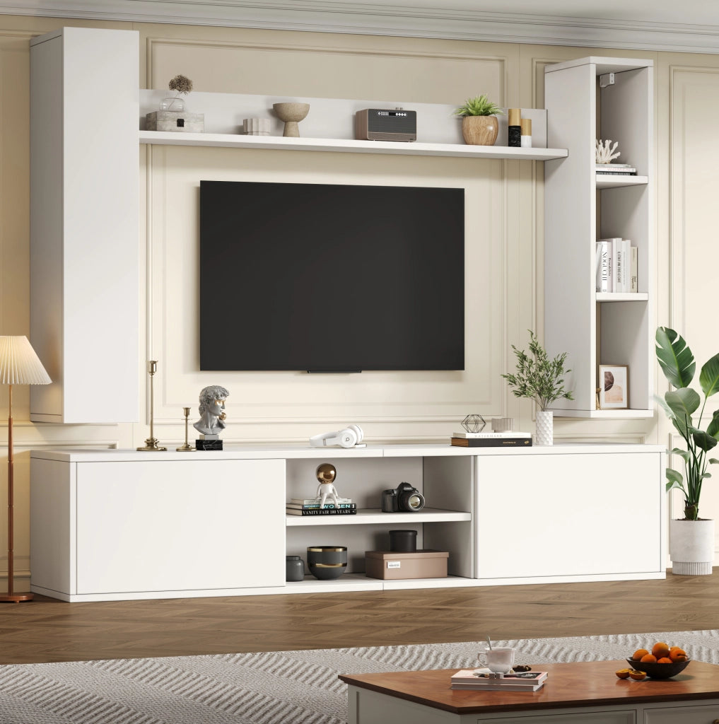 Set parete TV con ampio spazio contenitivo in truciolare bianco