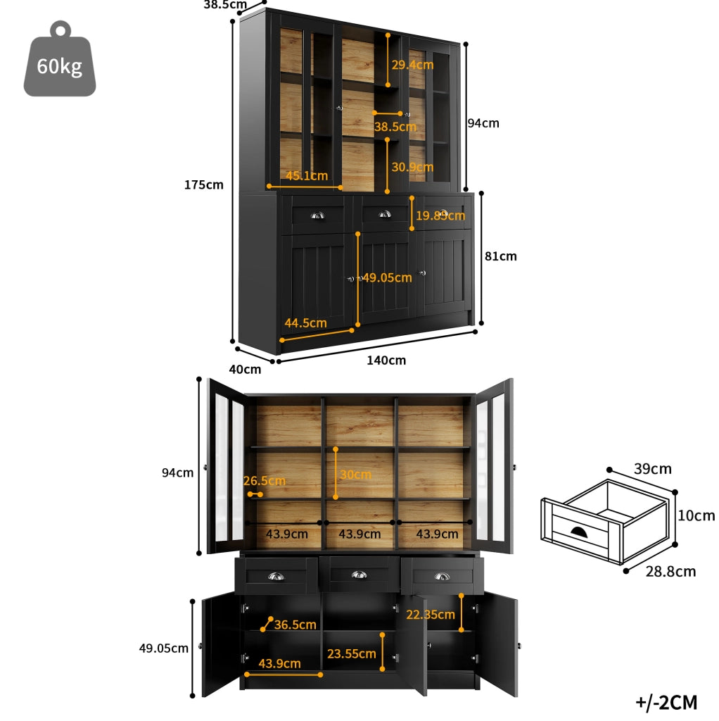 Vetrina 140x38.5x175 cm con ante in acrilico e sistema antiribaltamento; MDF nero