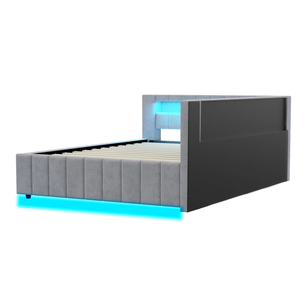 DESMIU Letto matrimoniale 140 × 200 cm con contenitore idraulico, LED, USB, senza materasso, in velluto, grigio