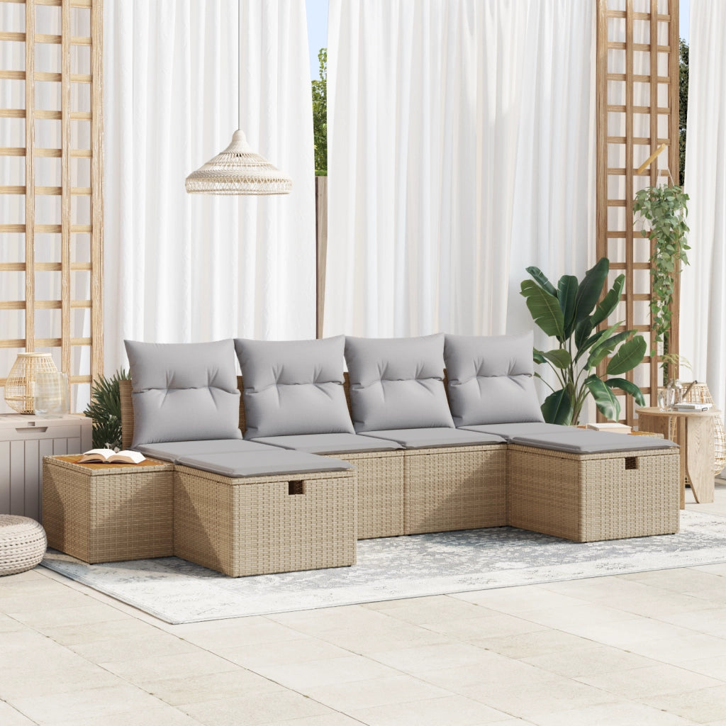 Set Divano da Giardino a 6 Pezzi con Cuscini Beige Poly Rattan