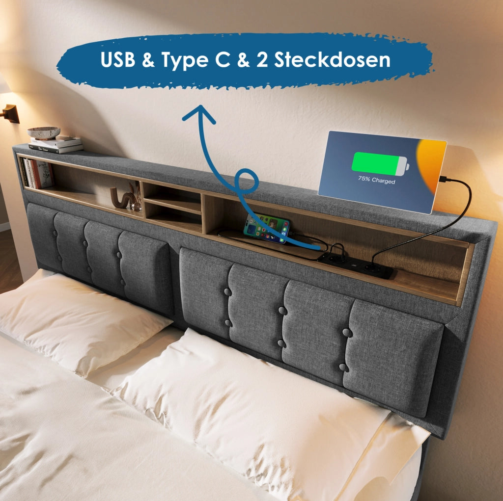 Letto matrimoniale imbottito 140x200 cm con 4 cassetti; testiera regolabile; USB e prese; grigio