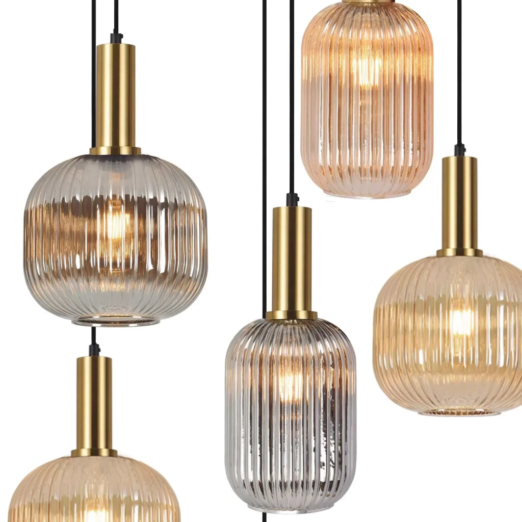 LÚZETE - LAMPADA DA SOFFITTO 6 LUCI COMBINATE PARALUMI AMBRA/FUMO Ø70 E27 SHELBY
