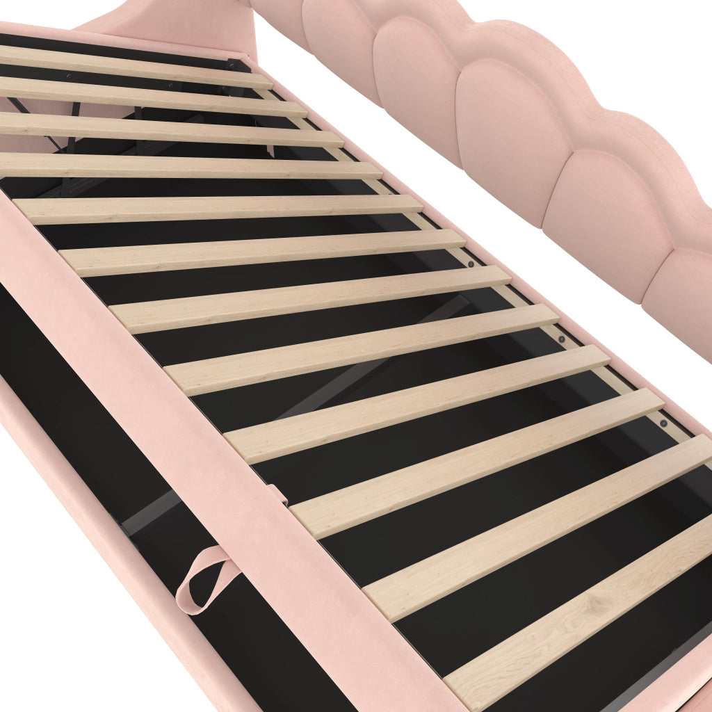 DESMIU Divano letto 90 × 200 cm 1 posto con vano contenitore idraulico, LED, senza materasso, in velluto, rosa