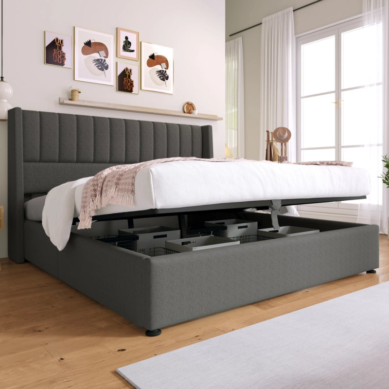 OKWISH Letto Contenitore 180×200 cm, Letto Matrimoniale con Contenitore, Testiera Imbottita e Doghe, senza Materasso, in Lino, Grigio