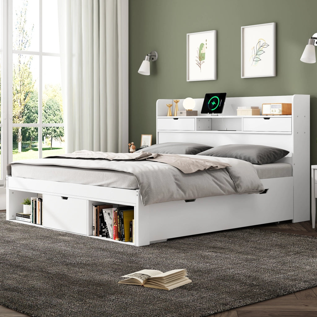 OKWISH Letto con Cassetti 140×190 cm, Letto Matrimoniale con USB, Tipo C, 2 Prese e Vani Contenitore, senza Materasso, in Pino, Bianco