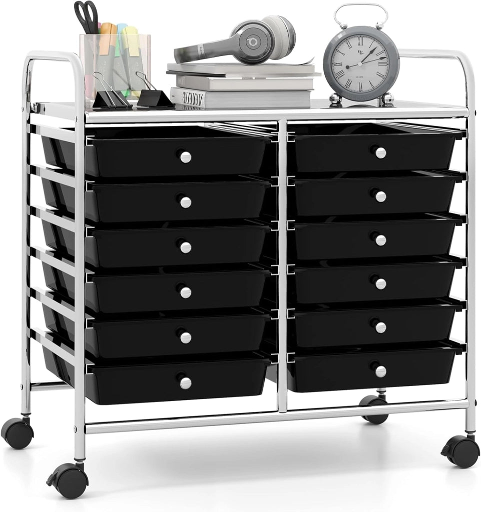 Carrello con 12 cassetti impilabili, carrello per cassetti con ruote e piano di lavoro, carrello per soggiorno, cucina, camera da letto e uffici, 64 x 38 x 62 cm (trasparente colorato)