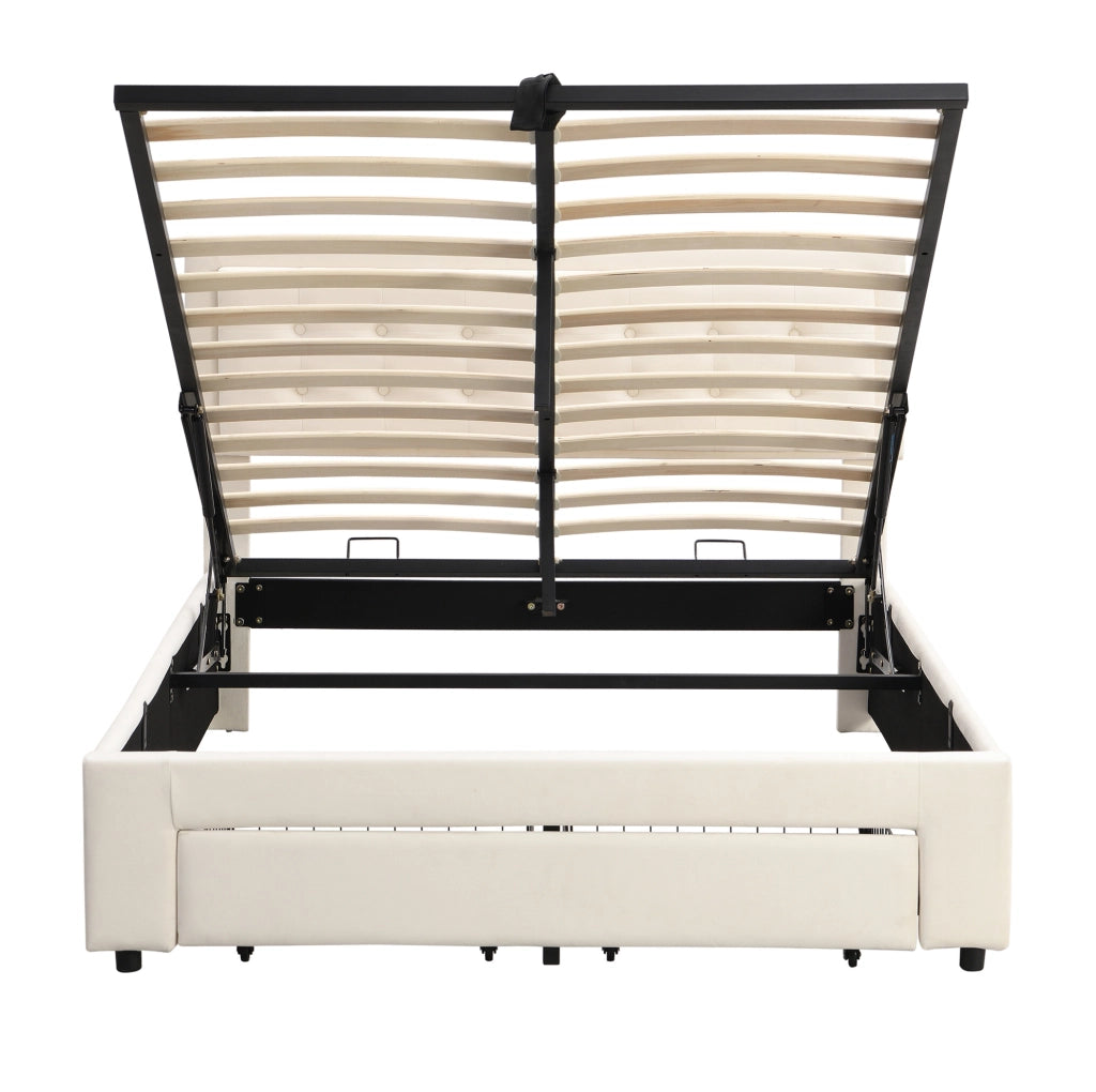Letto matrimoniale; con testiera regolabile e spazio contenitore; velluto beige