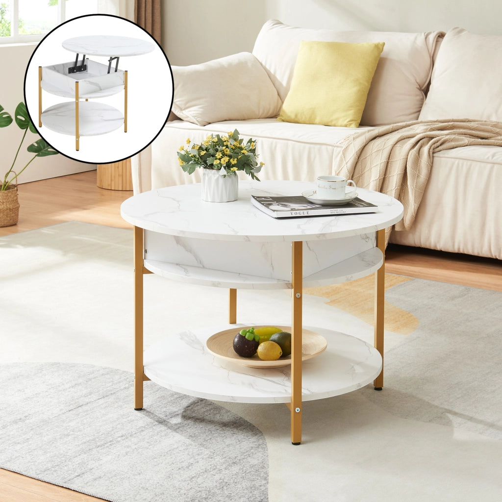 Tavolino da Caffè Kandas con Piano Rotondo Sollevabile (ØxA): 70x49 cm - Effetto Marmo Bianco [en.casa]